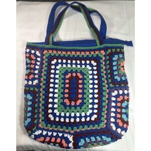 Crocheted Tote Bag Colorful Crochet Fabric Lined Boho Beach Hippy Grannycore
